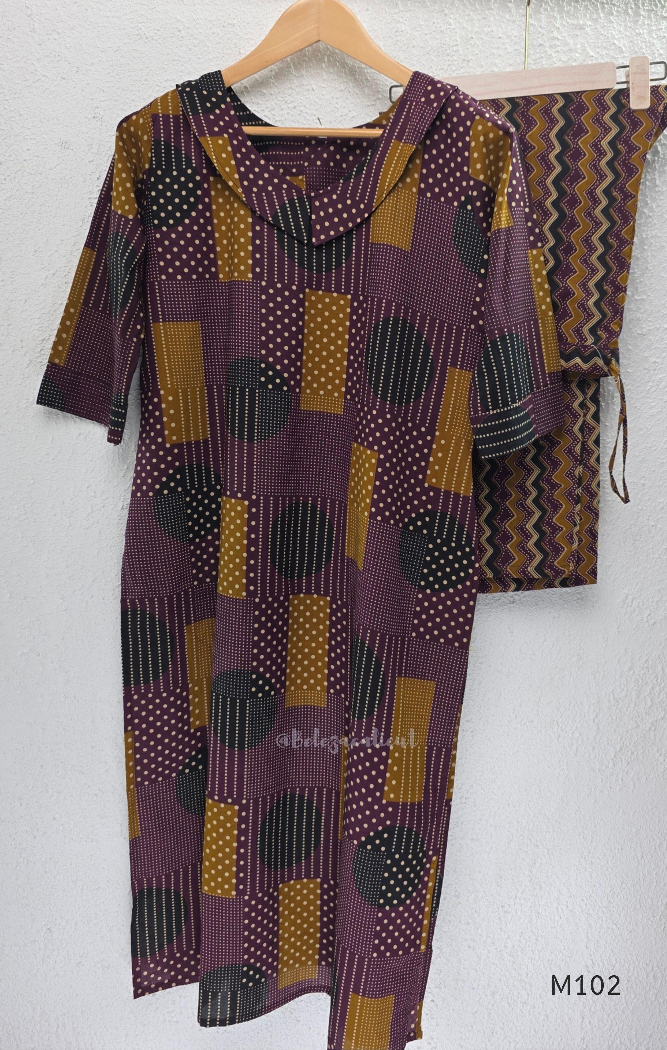 Deep plum cotton 2-piece co-ord set with mustard, teal and cream geometric printed long top and matching chevron-print bottom.
