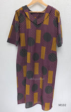 Deep plum cotton 2-piece co-ord set with mustard, teal and cream geometric printed long top and matching chevron-print bottom.