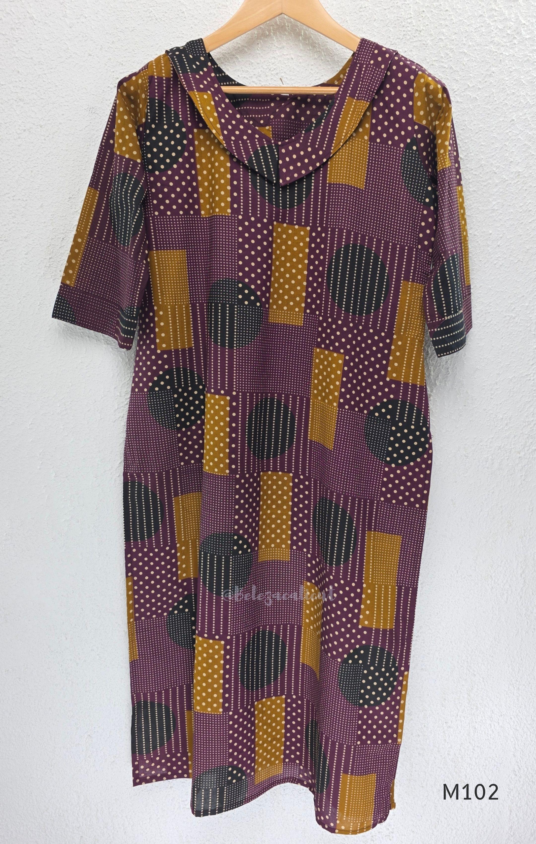 Deep plum cotton 2-piece co-ord set with mustard, teal and cream geometric printed long top and matching chevron-print bottom.