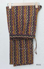 Deep plum cotton 2-piece co-ord set with mustard, teal and cream geometric printed long top and matching chevron-print bottom.