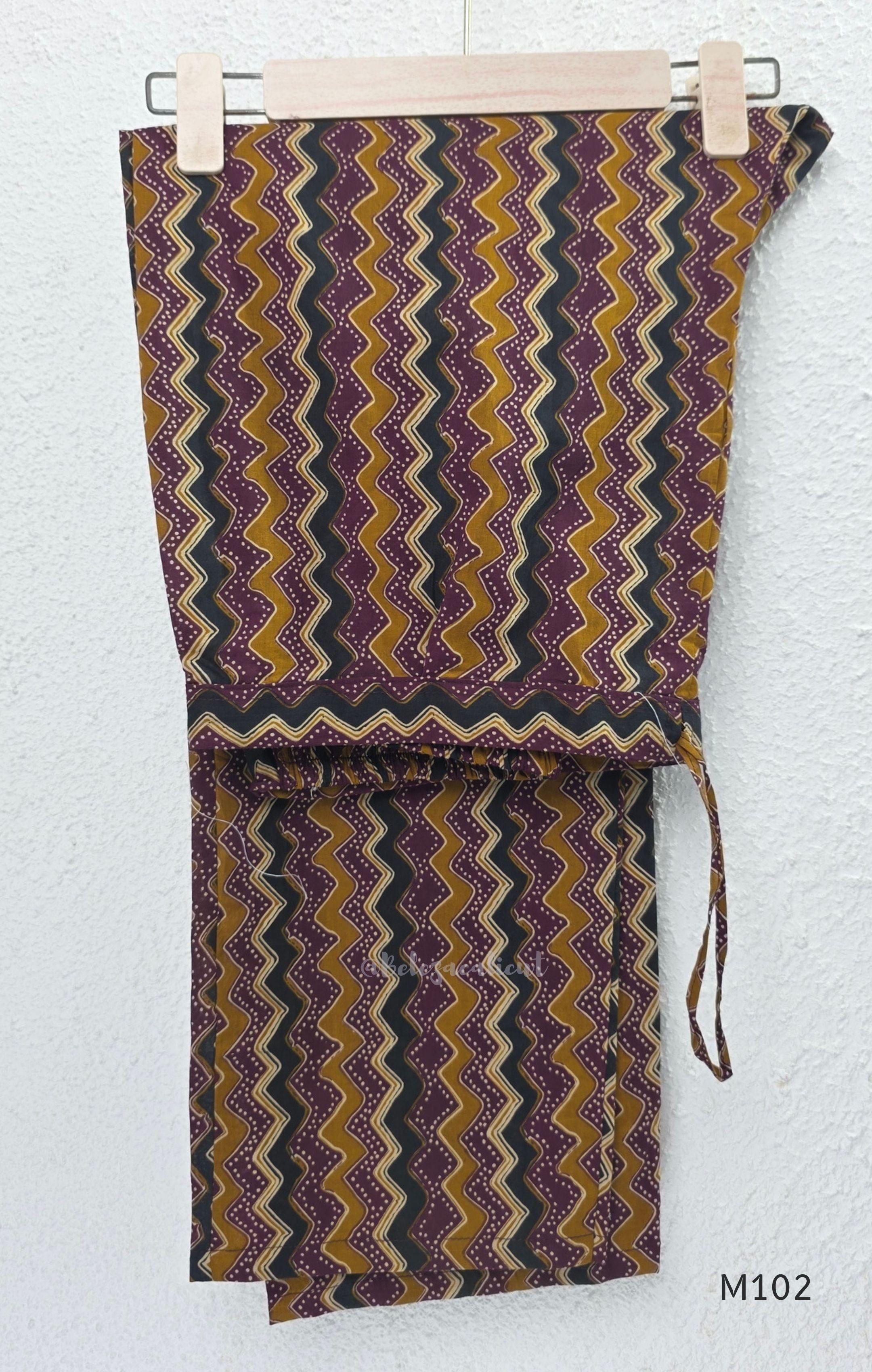 Deep plum cotton 2-piece co-ord set with mustard, teal and cream geometric printed long top and matching chevron-print bottom.