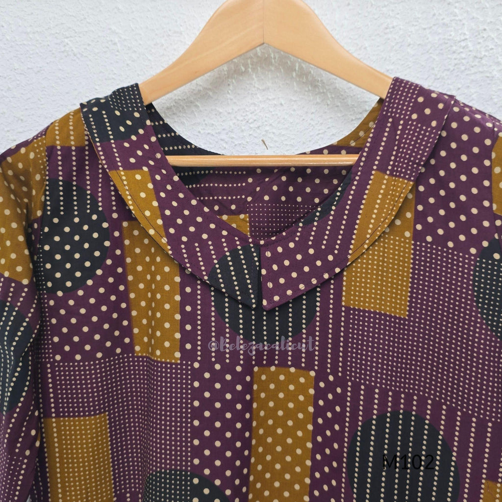 Deep plum cotton 2-piece co-ord set with mustard, teal and cream geometric printed long top and matching chevron-print bottom.