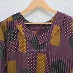 Deep plum cotton 2-piece co-ord set with mustard, teal and cream geometric printed long top and matching chevron-print bottom.