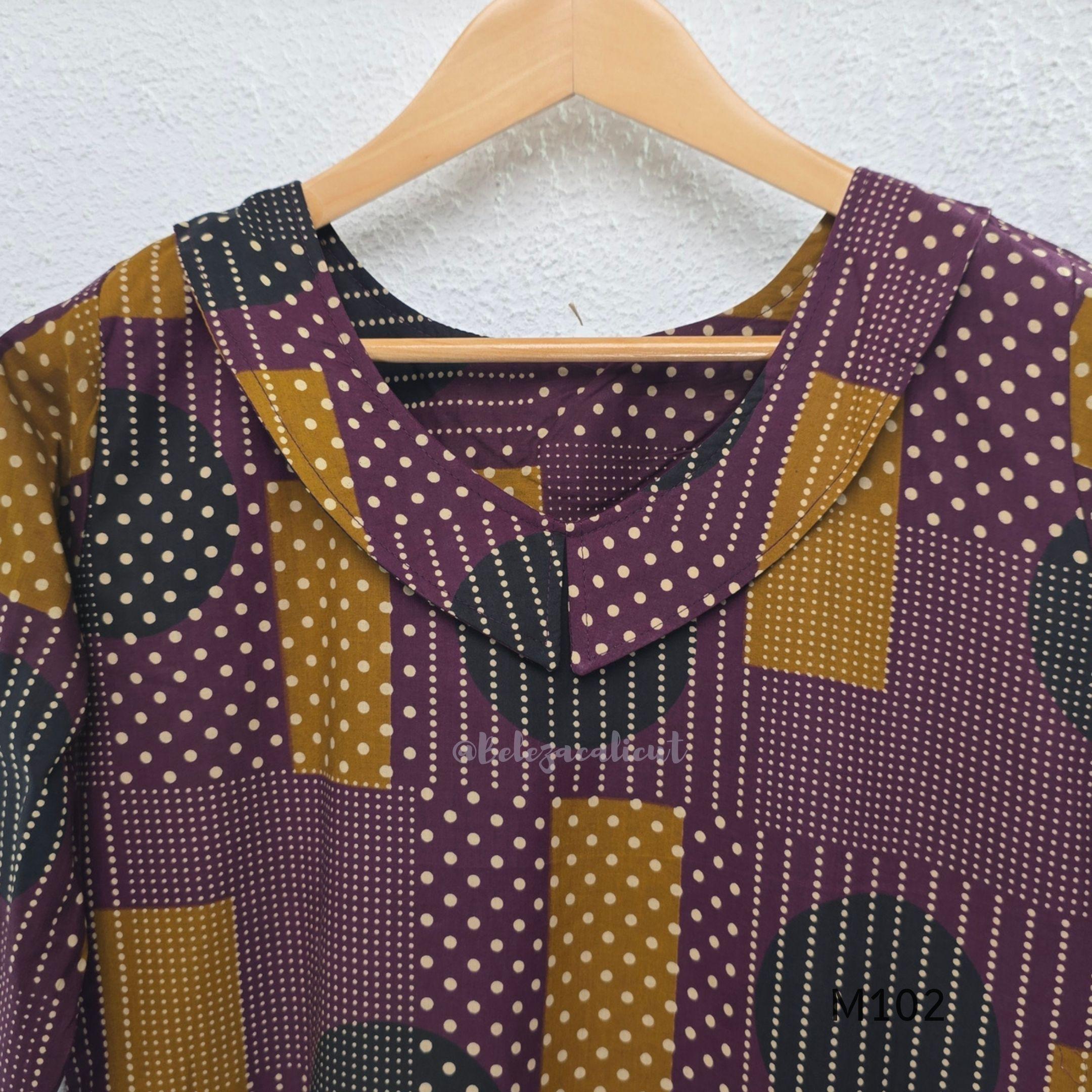 Deep plum cotton 2-piece co-ord set with mustard, teal and cream geometric printed long top and matching chevron-print bottom.