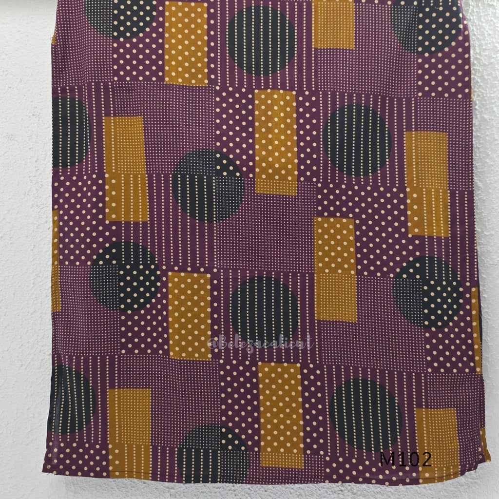 Deep plum cotton 2-piece co-ord set with mustard, teal and cream geometric printed long top and matching chevron-print bottom.