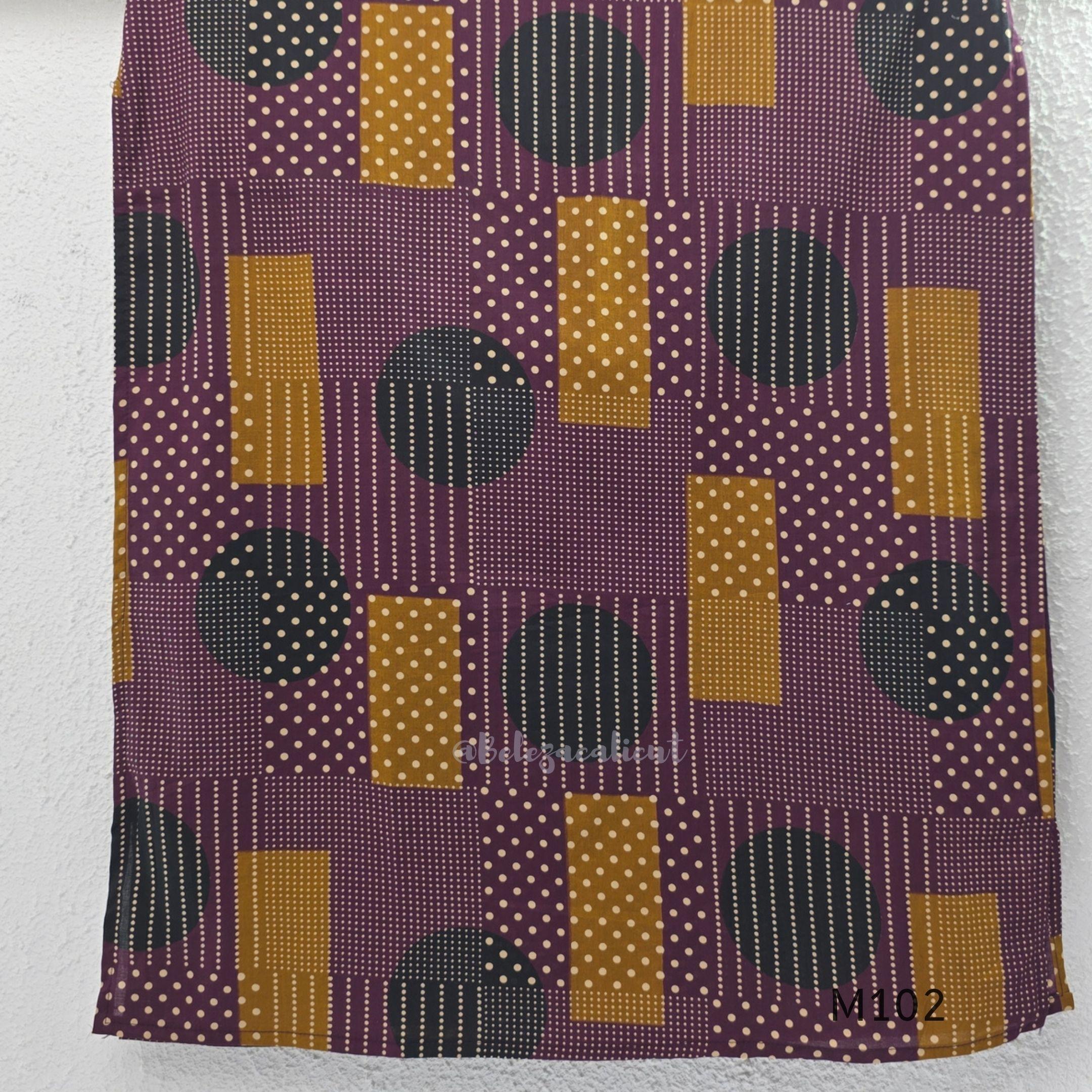 Deep plum cotton 2-piece co-ord set with mustard, teal and cream geometric printed long top and matching chevron-print bottom.
