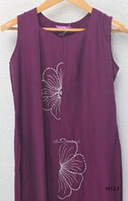 Plum purple Vertigan silk coord set with white floral embroidery and straight pants.