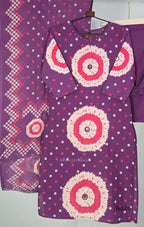 Purple cotton churidar set with pink and cream circular print, real mirror details and matching printed dupatta.