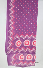 Purple cotton churidar set with pink and cream circular print, real mirror details and matching printed dupatta.