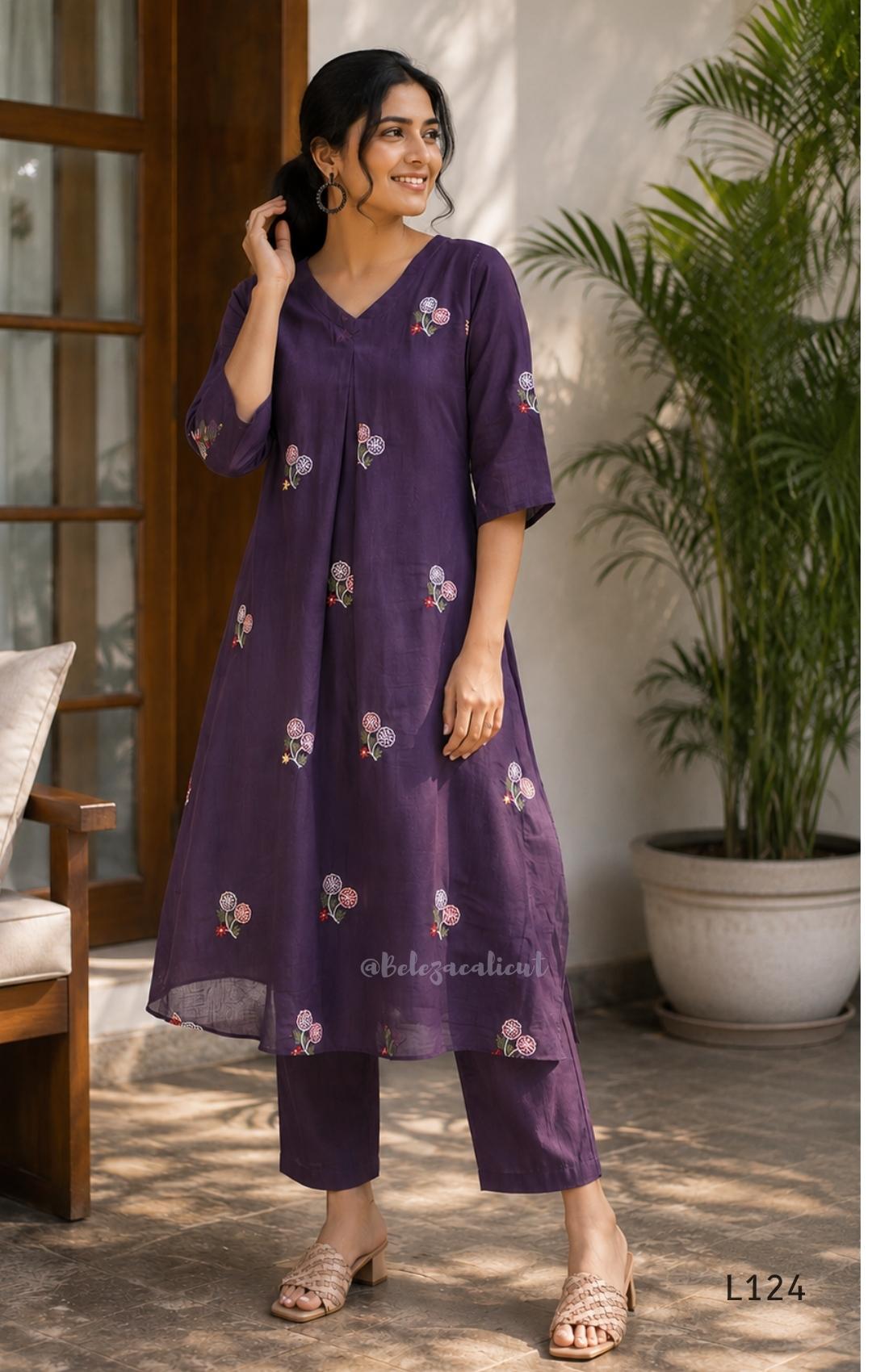 Deep purple Mul Chanderi top and bottom coord set with scattered multicolour floral embroidery.