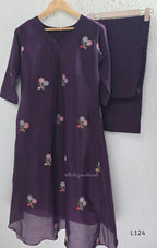 Deep purple Mul Chanderi top and bottom coord set with scattered multicolour floral embroidery.