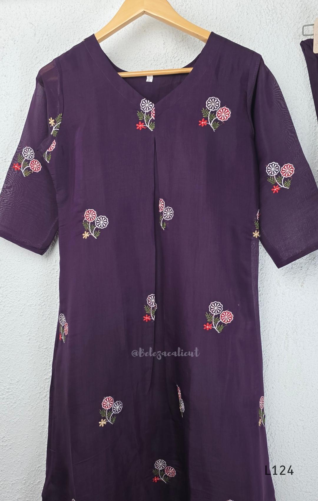 Deep purple Mul Chanderi top and bottom coord set with scattered multicolour floral embroidery.