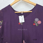 Deep purple Mul Chanderi top and bottom coord set with scattered multicolour floral embroidery.