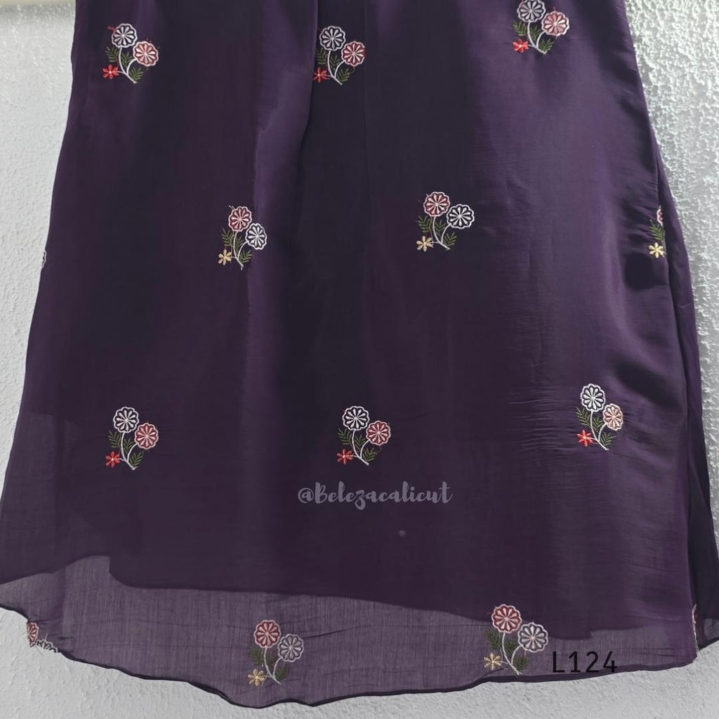 Deep purple Mul Chanderi top and bottom coord set with scattered multicolour floral embroidery.