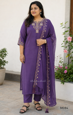 Purple premium Roman silk plus size churidar set with embroidered neckline, sleeve detail, back work, matching bottom and dupatta.