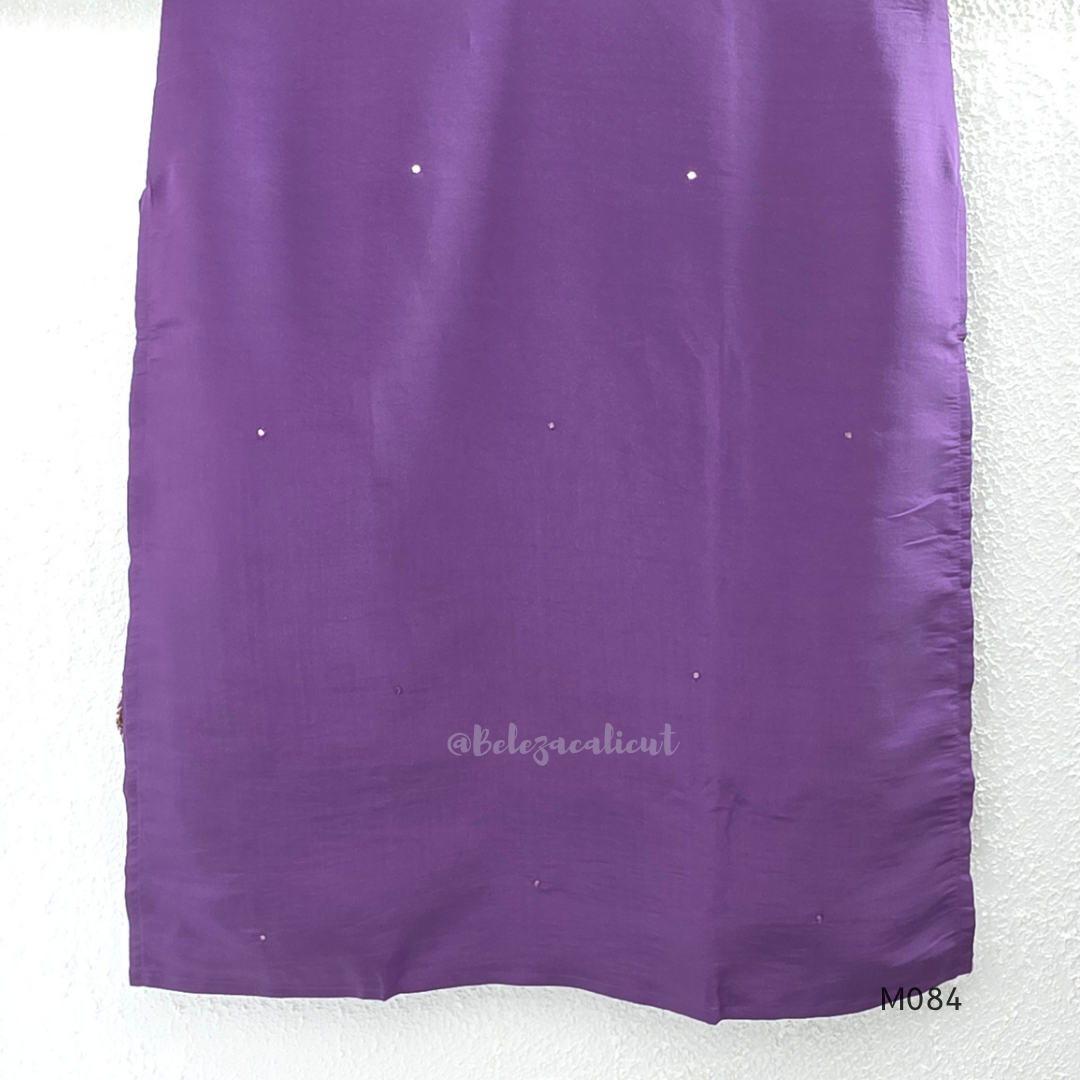 Purple premium Roman silk plus size churidar set with embroidered neckline, sleeve detail, back work, matching bottom and dupatta.