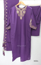 Purple premium Roman silk plus size churidar set with embroidered neckline, sleeve detail, back work, matching bottom and dupatta.