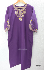 Purple premium Roman silk plus size churidar set with embroidered neckline, sleeve detail, back work, matching bottom and dupatta.