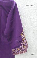 Purple premium Roman silk plus size churidar set with embroidered neckline, sleeve detail, back work, matching bottom and dupatta.