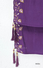 Purple premium Roman silk plus size churidar set with embroidered neckline, sleeve detail, back work, matching bottom and dupatta.