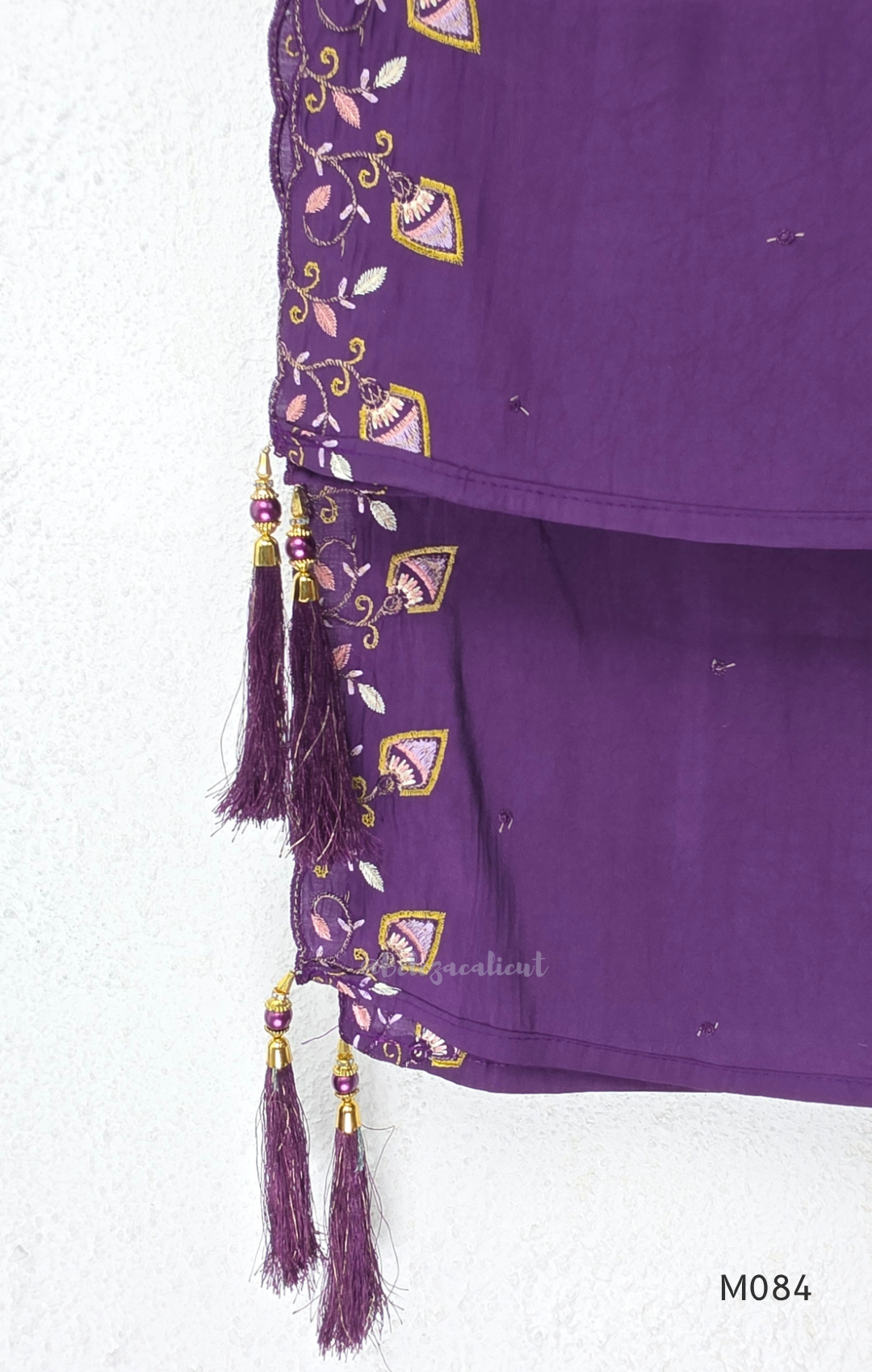 Purple premium Roman silk plus size churidar set with embroidered neckline, sleeve detail, back work, matching bottom and dupatta.