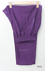Purple premium Roman silk plus size churidar set with embroidered neckline, sleeve detail, back work, matching bottom and dupatta.