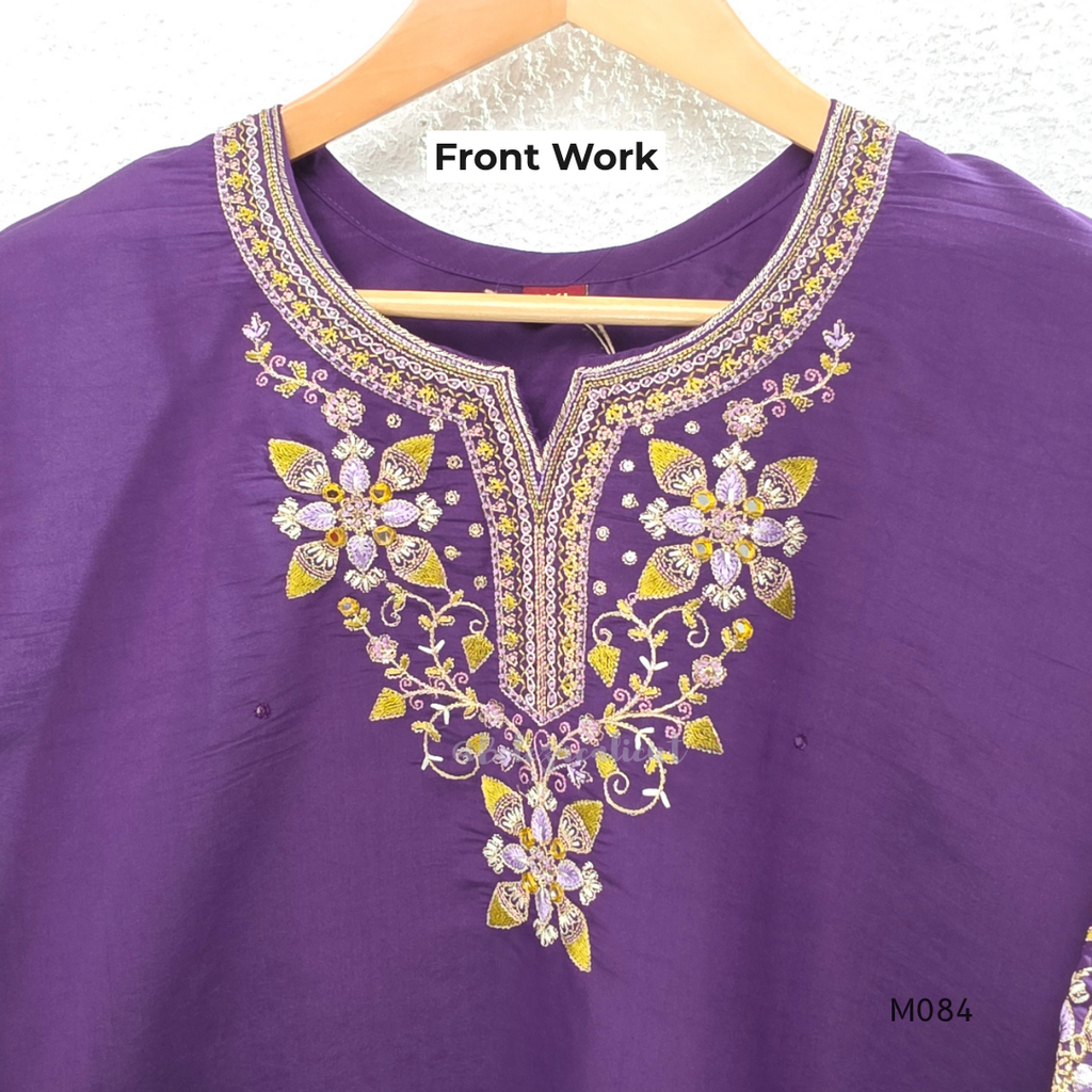 Purple premium Roman silk plus size churidar set with embroidered neckline, sleeve detail, back work, matching bottom and dupatta.