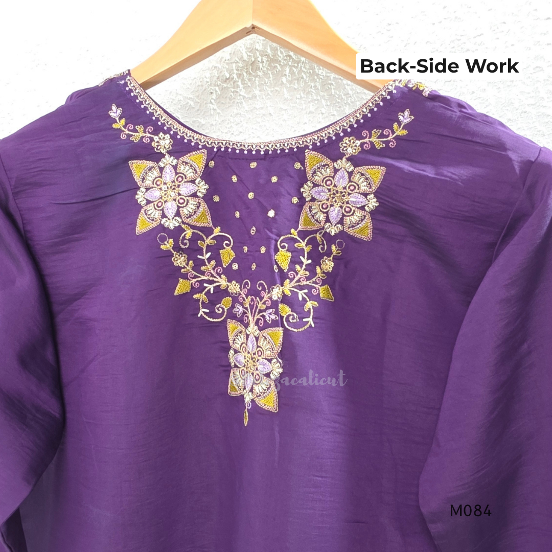 Purple premium Roman silk plus size churidar set with embroidered neckline, sleeve detail, back work, matching bottom and dupatta.