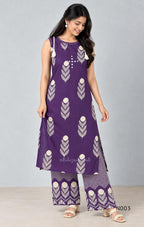 Deep purple cotton top and bottom set with cream floral-leaf print, mirror-style front detail and printed wide-fit pants from Beleza, Mankavu, Calicut.