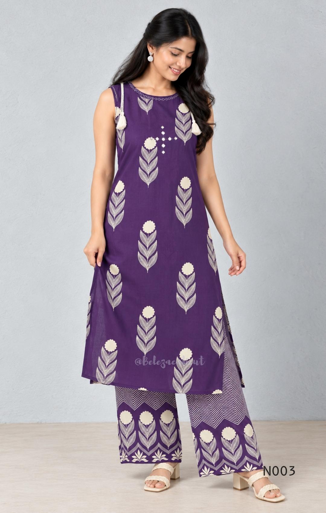 Deep purple cotton top and bottom set with cream floral-leaf print, mirror-style front detail and printed wide-fit pants from Beleza, Mankavu, Calicut.