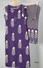 Deep purple cotton top and bottom set with cream floral-leaf print, mirror-style front detail and printed wide-fit pants from Beleza, Mankavu, Calicut.