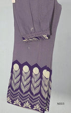 Deep purple cotton top and bottom set with cream floral-leaf print, mirror-style front detail and printed wide-fit pants from Beleza, Mankavu, Calicut.