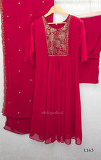 Rani pink georgette 3-piece anarkali-style ethnic set with embroidered floral yoke, matching pant and embellished dupatta.