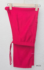 Rani pink Vertigan silk two-piece co-ord set with beige central motifs, chevron side panels and matching straight pants.