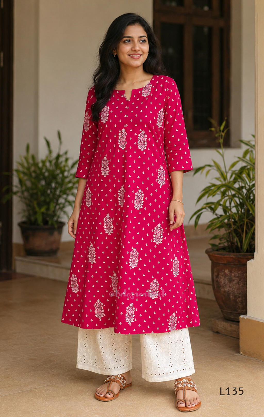 Raspberry pink cotton kurta top with white floral buti print, centre pleat detail, 3/4 sleeves, and relaxed A-line fit.