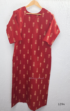 Red cotton women’s top with beige leaf print, small notch neckline, elbow sleeves, and straight everyday fit.