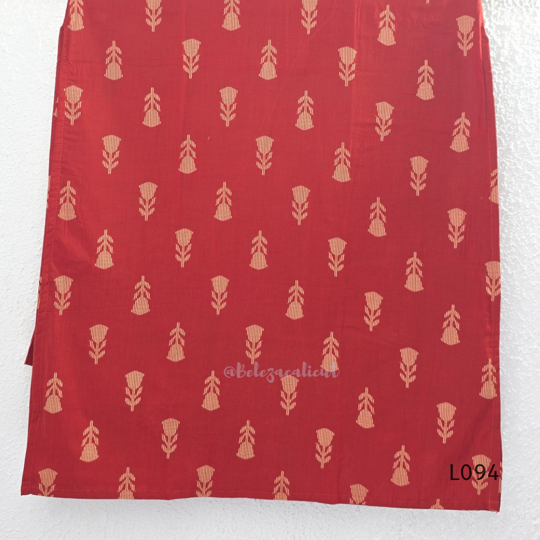 Red cotton women’s top with beige leaf print, small notch neckline, elbow sleeves, and straight everyday fit.