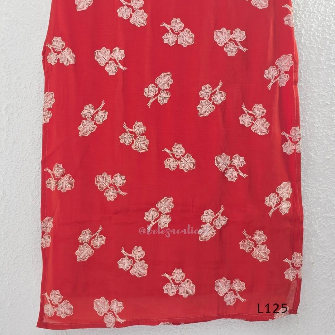 Red mul chanderi coord set with white botanical print top and matching plain straight pants.