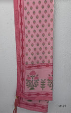 Rose pink silk blend 3-piece churidar set with floral patch panels, decorated V-neck, loose plain bottom and printed floral dupatta.