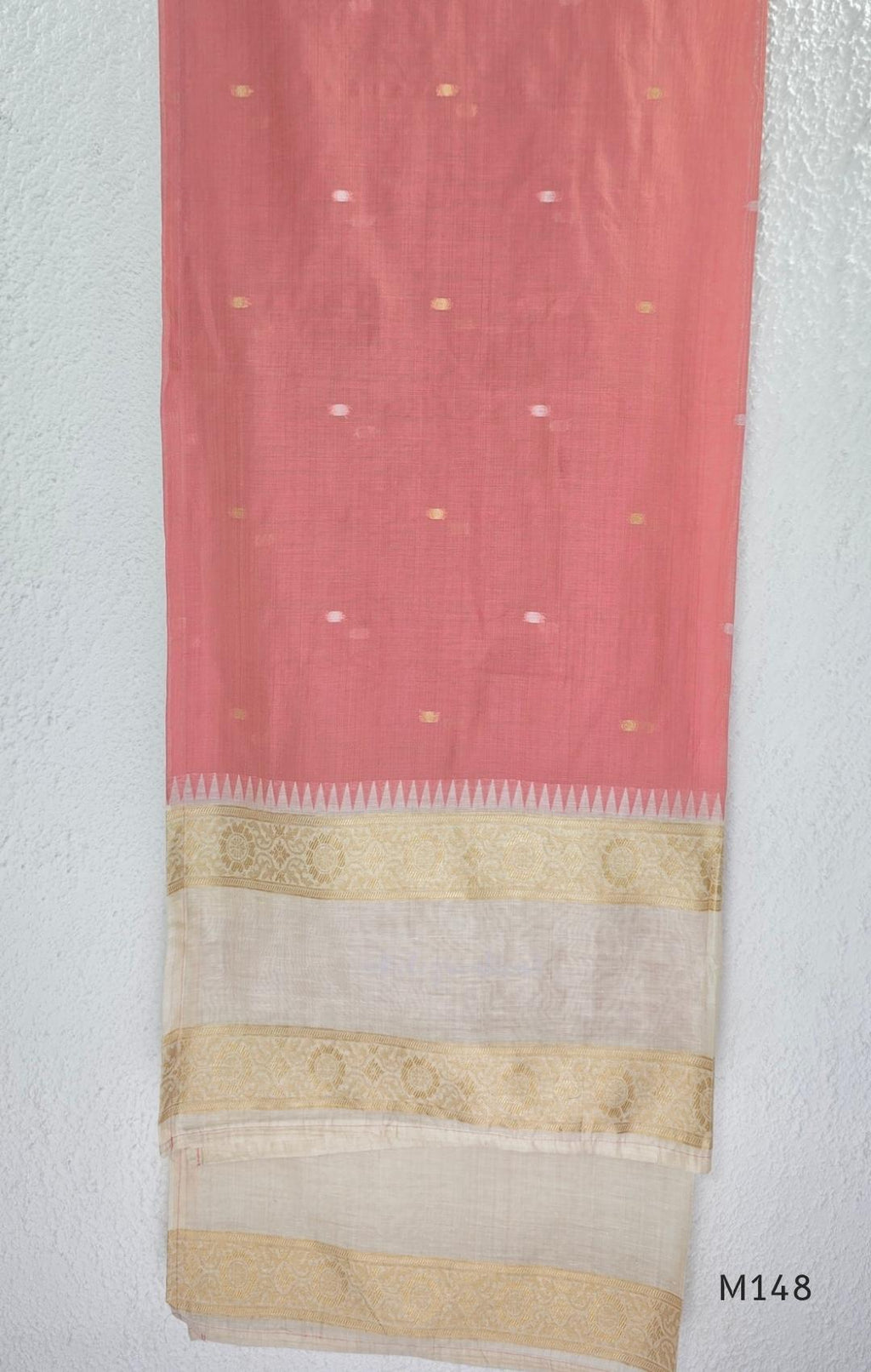 Rose pink and ivory tissue blend churidar set with woven gold borders, scattered motifs, straight bottom and matching dupatta.