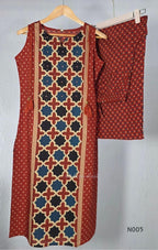 Warm rust cotton top and bottom set with cream, deep blue and black geometric print and relaxed wide-fit pants at Beleza, Mankavu, Calicut.