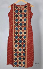 Warm rust cotton top and bottom set with cream, deep blue and black geometric print and relaxed wide-fit pants at Beleza, Mankavu, Calicut.