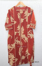 Rust cotton 3-piece ethnic set with beige leaf print, matching dupatta and printed pant. Comfortable ethnic wear for women in Calicut.