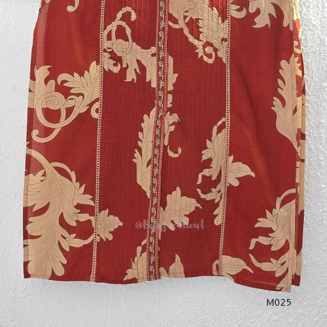 Rust cotton 3-piece ethnic set with beige leaf print, matching dupatta and printed pant. Comfortable ethnic wear for women in Calicut.
