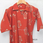 Warm rust silk blend co-ord set with a flared mid-calf floral kurta, shirt-style collar neckline and matching plain bottom.