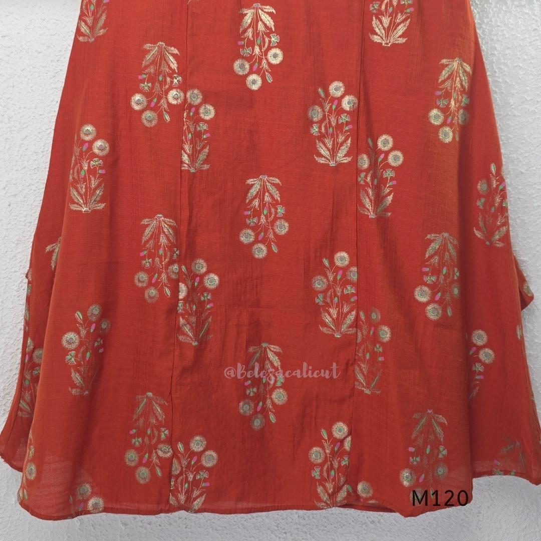 Warm rust silk blend co-ord set with a flared mid-calf floral kurta, shirt-style collar neckline and matching plain bottom.