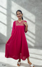 Deep Pink Georgette Embroidered A-Line Kurti