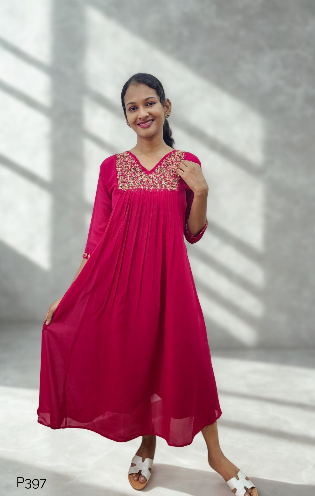 Deep Pink Georgette Embroidered A-Line Kurti