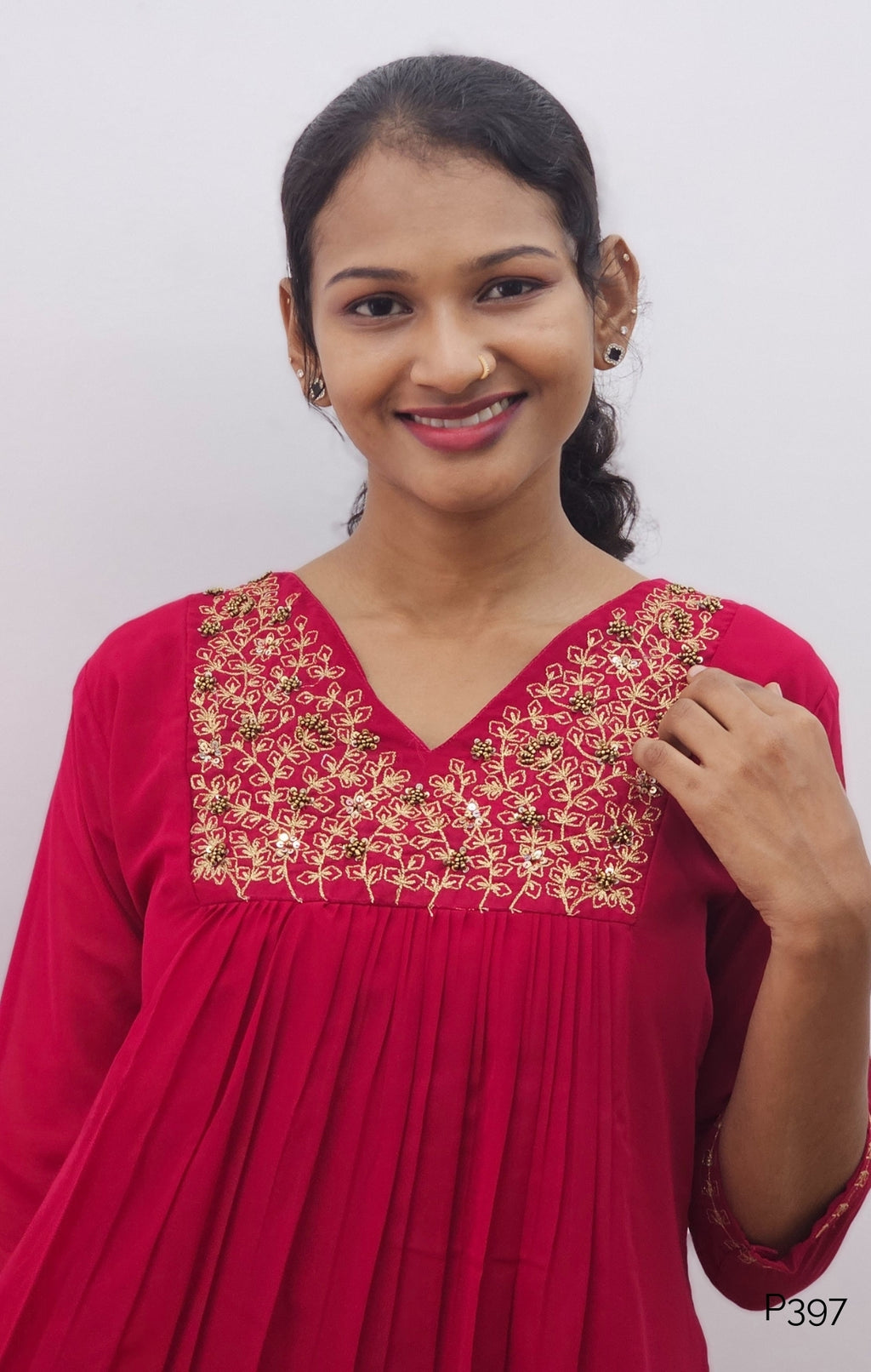 Deep Pink Georgette Embroidered A-Line Kurti