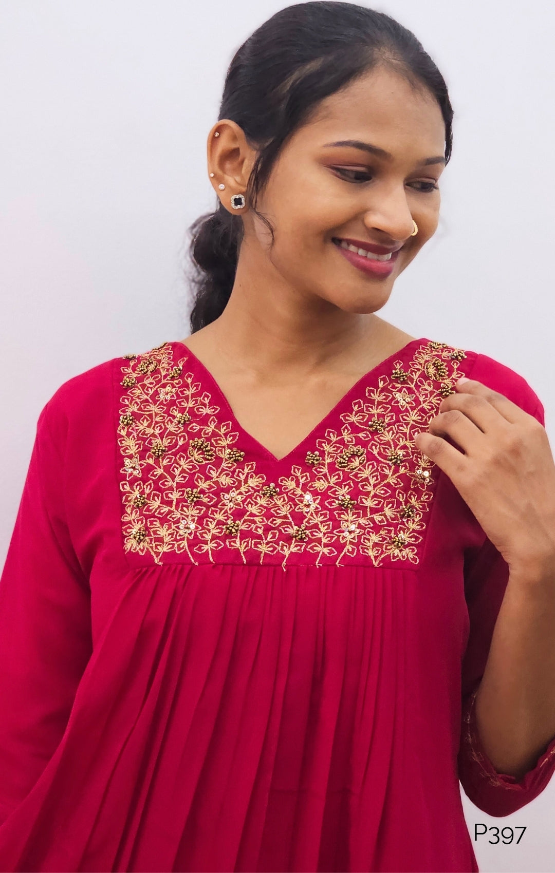 Deep Pink Georgette Embroidered A-Line Kurti